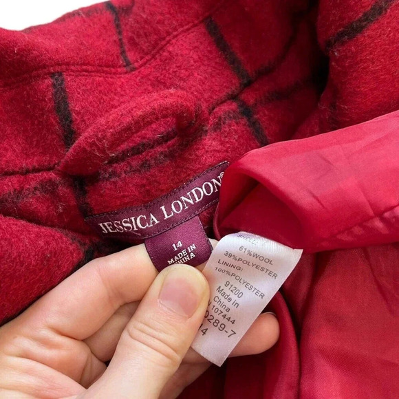Jessica London Red Check Wool Pea Coat 14 - Picture 3 of 3